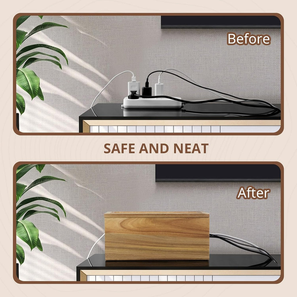 Acacia Wood Cable Management Box - Cable Organizer Box - 2 Open Slots Cords Hider Box - Under Desk Cord Organizer for Power Strip Extension Cord Surge Protector Charger Wire