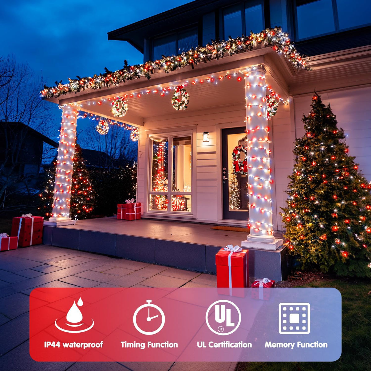 JMEXSUSS 2 Pack 100 LED Red and White Christmas Lights Outdoor, Each 33FT