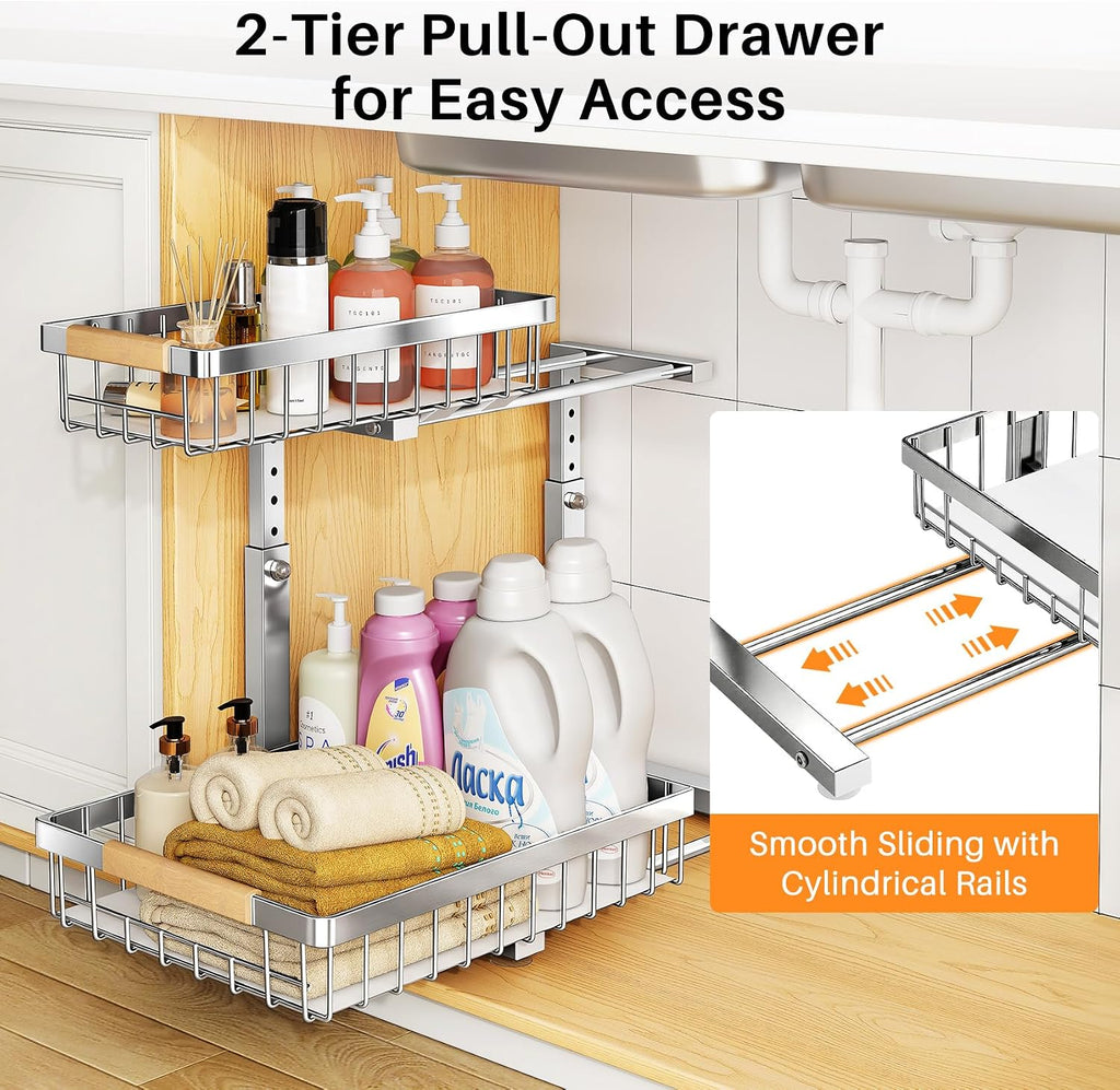 PXRACK Under Sink Organizer, Adjustable Height, 2 Tier Pull Out Cabinet Organizer, Slide Out Thickened Metal Storage for Kitchen Bathroom Laundry Pantry Cabinet, Stainless Steel, Silver, Large-2-Pack