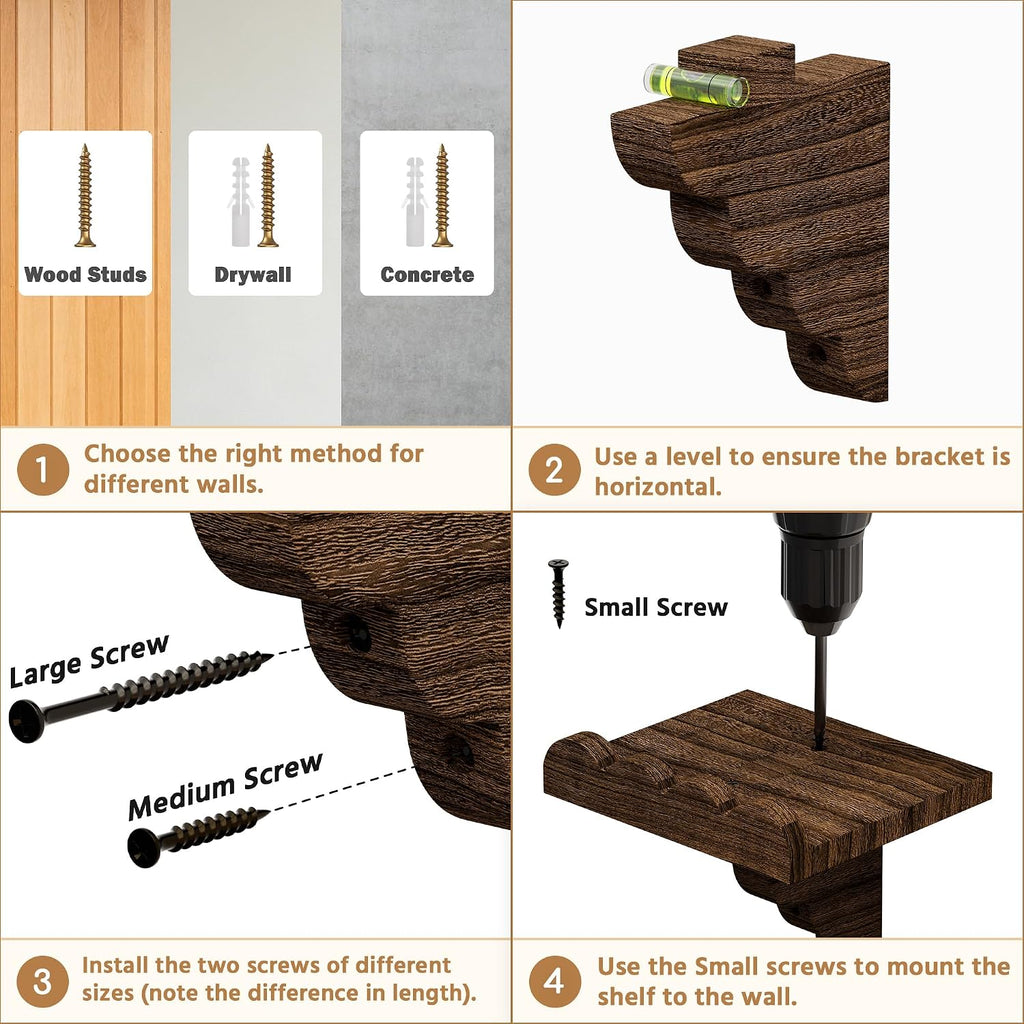 QsQueen Small Scalloped Floating Shelves for Wall, 4 Pack Small Wall Shelf, Solid Paulownia Wood Display Shelves with Matching Brackets for Plants, Bathroom, Bedroom, Living Room & Home Decor