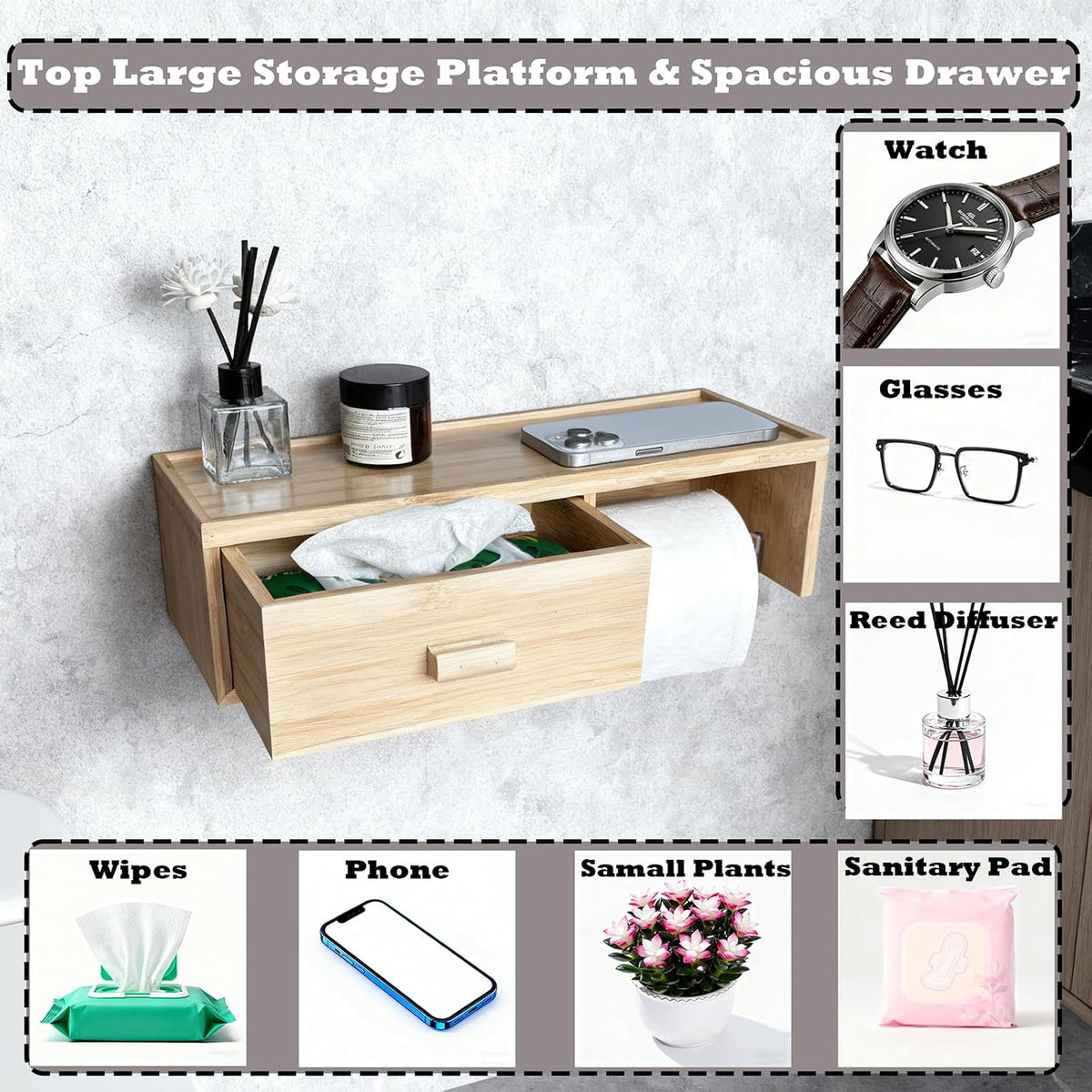 Large Bamboo Toilet Paper Holder with Shelf,Wall Mount Bathroom Holder with Wet Wipes Storage Drawer(Natural)