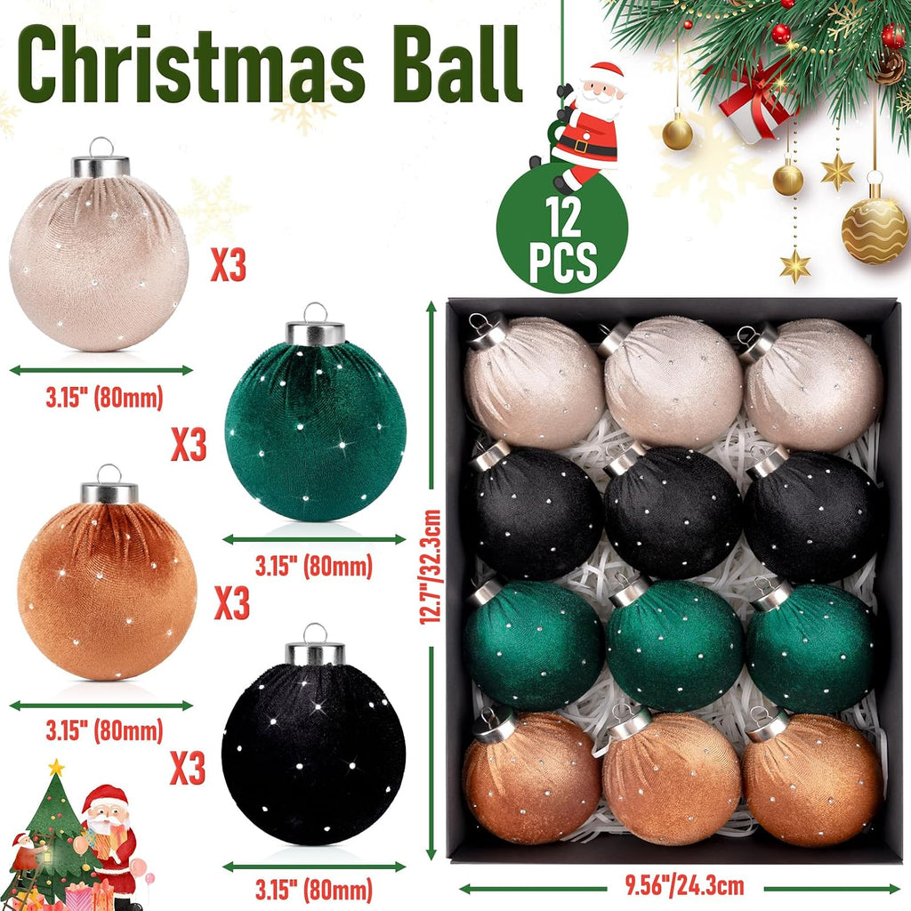 TonJin Christmas Tree Ornaments Velvet Balls 12 Pack, 3.15"/80mm Glitter Shatterproof Hanging Flocked Large Xmas Bulbs Decorations, Lightweight,Green Orange Black Neutral, Holiday Party Home Decor