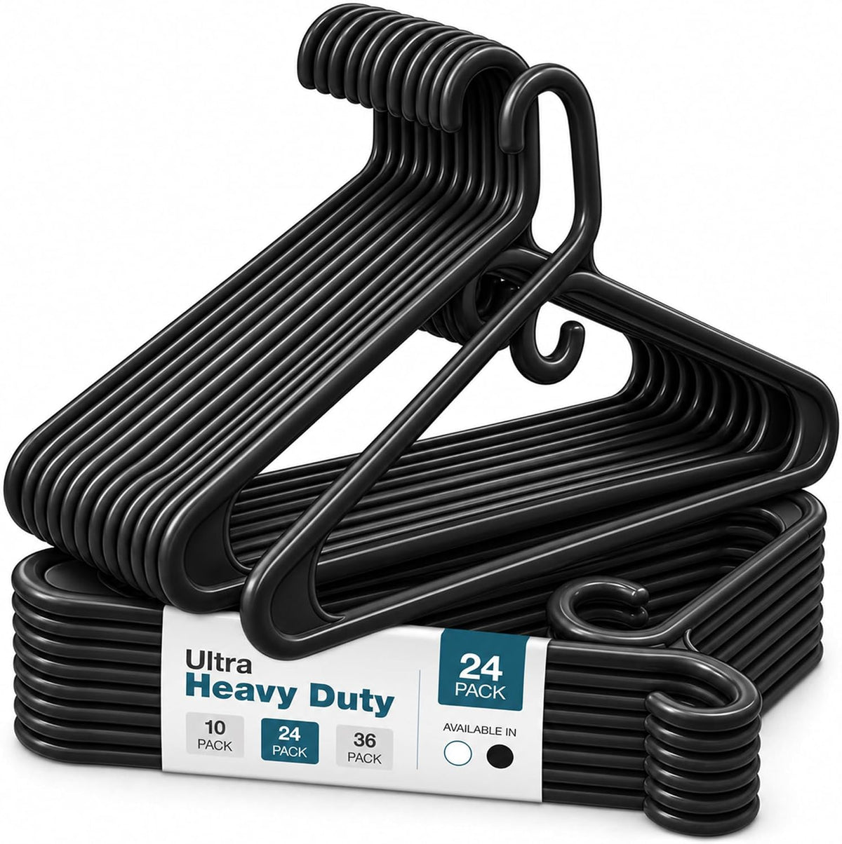 Heavy Duty Clothes Hangers, 24 Pack - Space Saving, Ultra Strong Black Plastic - Hang Your Belt, Pants, Coat, Shirt, Shorts, Jeans, Sweater and More - Bulk Closet Storage for Adults Clothing