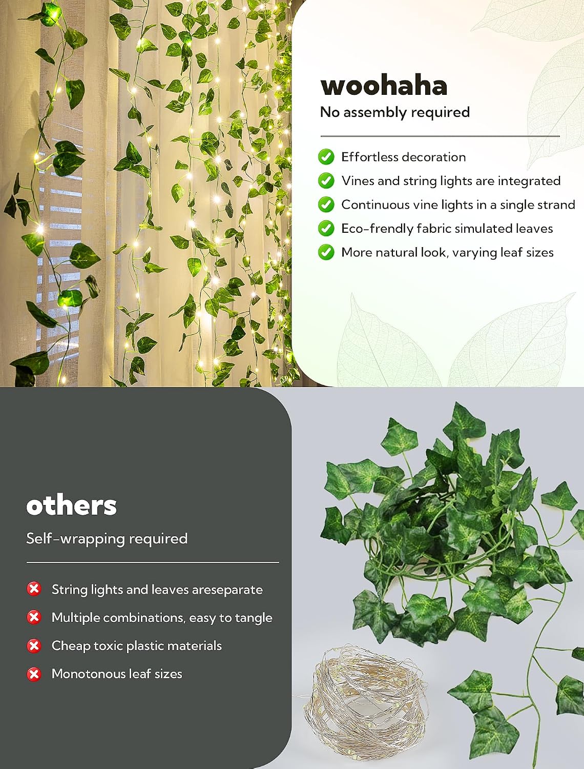 woohaha Pothos Leaf Vine with Fairy Lights Battery Operated