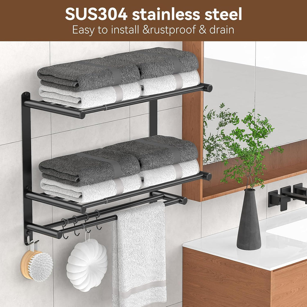 Adjustable 16.9–28" Matte Black Towel Rack for Bathroom SUS304 Stainless Steel 2-Tier Shelf with Extended Bar & 4 Sliding Hooks, Adhesive or Screw Mount, Bathroom/Over-Toilet Organizer