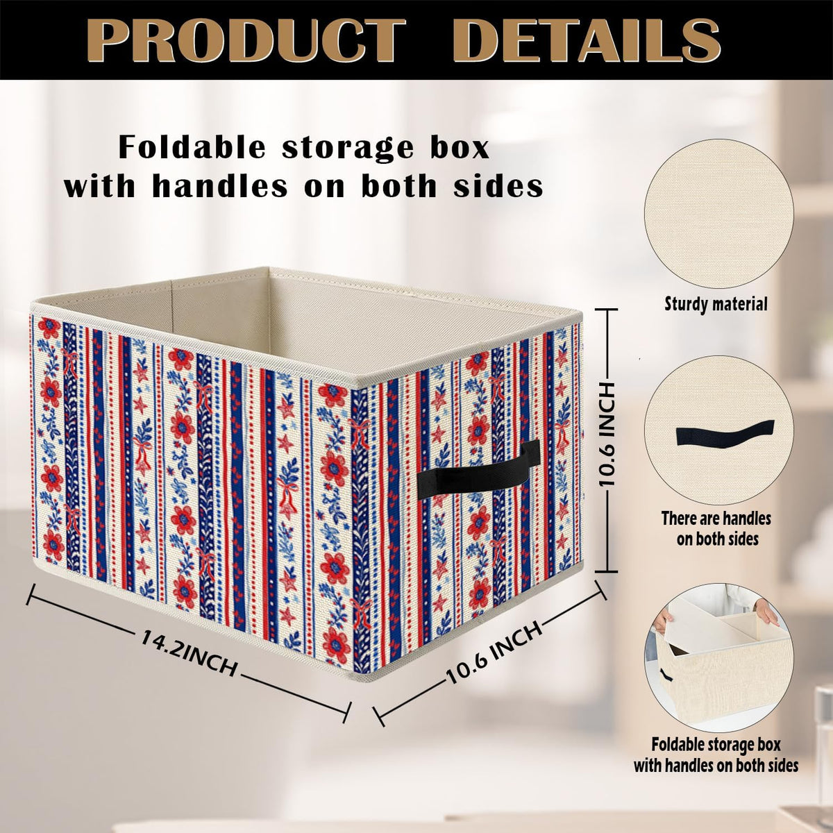American Patriotic Storage Bin Box with Handles, Cottagecore Red White Blue Floral Striped 4th of July Foldable Organizer Basket Toybox for Home Bedroom Bathroom Clothes Toys Books