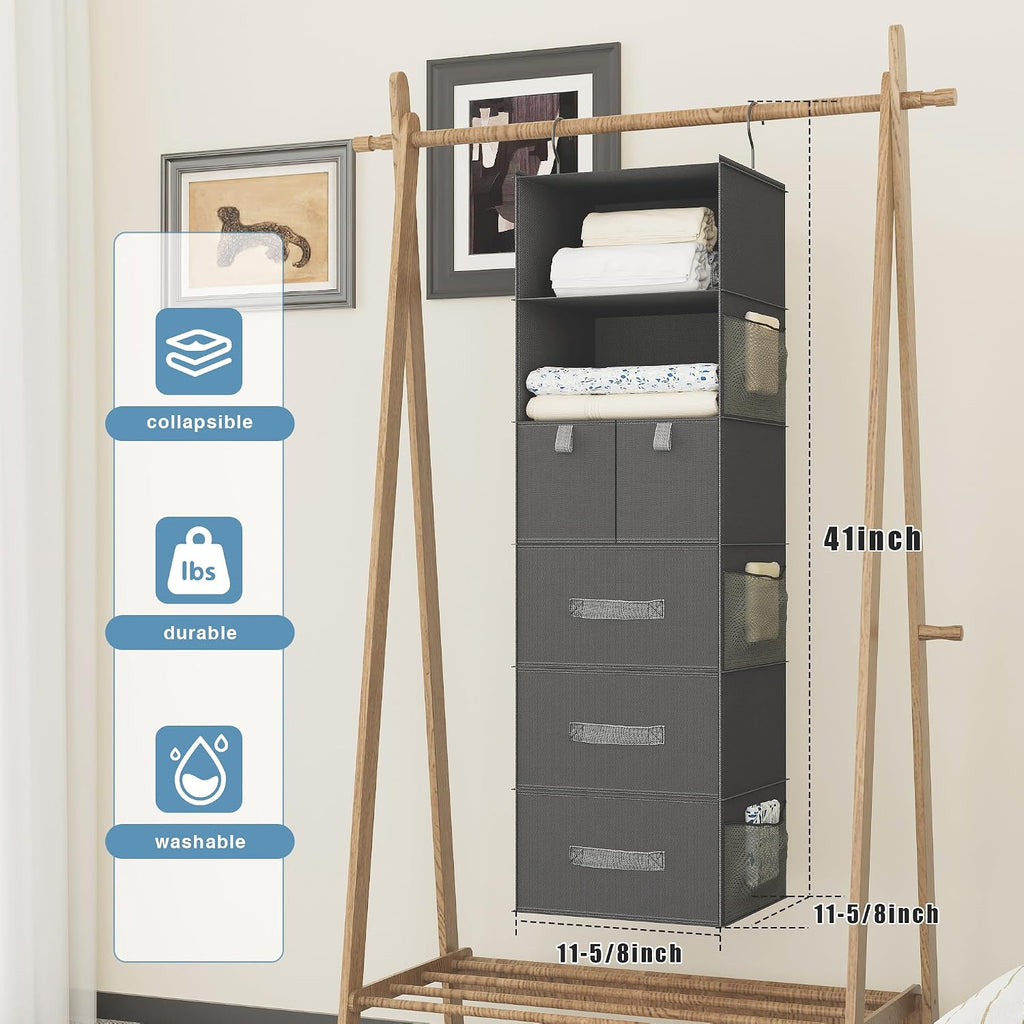 6-Shelf Hanging Closet Organizer with 5 Drawers, Non-Woven, Dark Gray