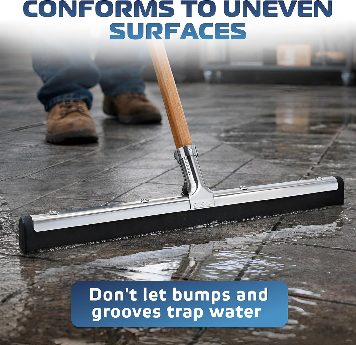 DSV Standard Uneven Surface Floor Squeegee 18’’, Double Foam Blade Garage Squeegee, Taper Pole Connection - Handle Sold Separately for Tiles, Concrete and Asphalt