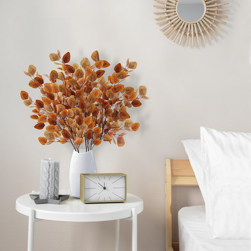 Sggvecsy 6 Pcs Fall Eucalyptus Leaves Artificial Eucalyptus Stems Long Silver Dollar Leaves Autumn Leaf Branches Fake Silk Eucalyptus for Indoor Home Autumn Thanksgiving Decor (Mixed Fall Color)