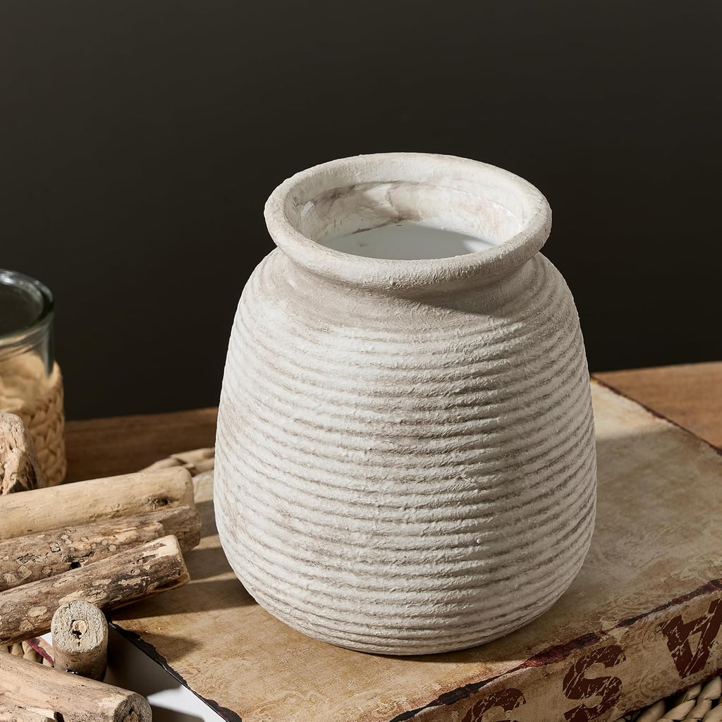 Ceramic Flower Vase, Small Vase Rustic Farmhouse Vases Home Decor Short Pottery Decorative Pampas Vase for Table Living Room Entryway Mantel Bookshelf Bedroom Bathroom Kitchen - 6" D