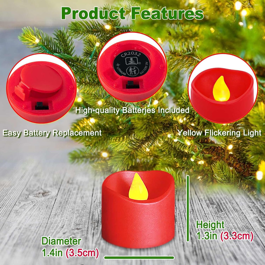 12 Pack Flameless Red Tea Light Battery Operated, Flickering LED Red Votive Candles Outdoor Flicker Electric Fake Tealight Candles Bulk for Christmas Halloween Wedding Romantic Party Decorations