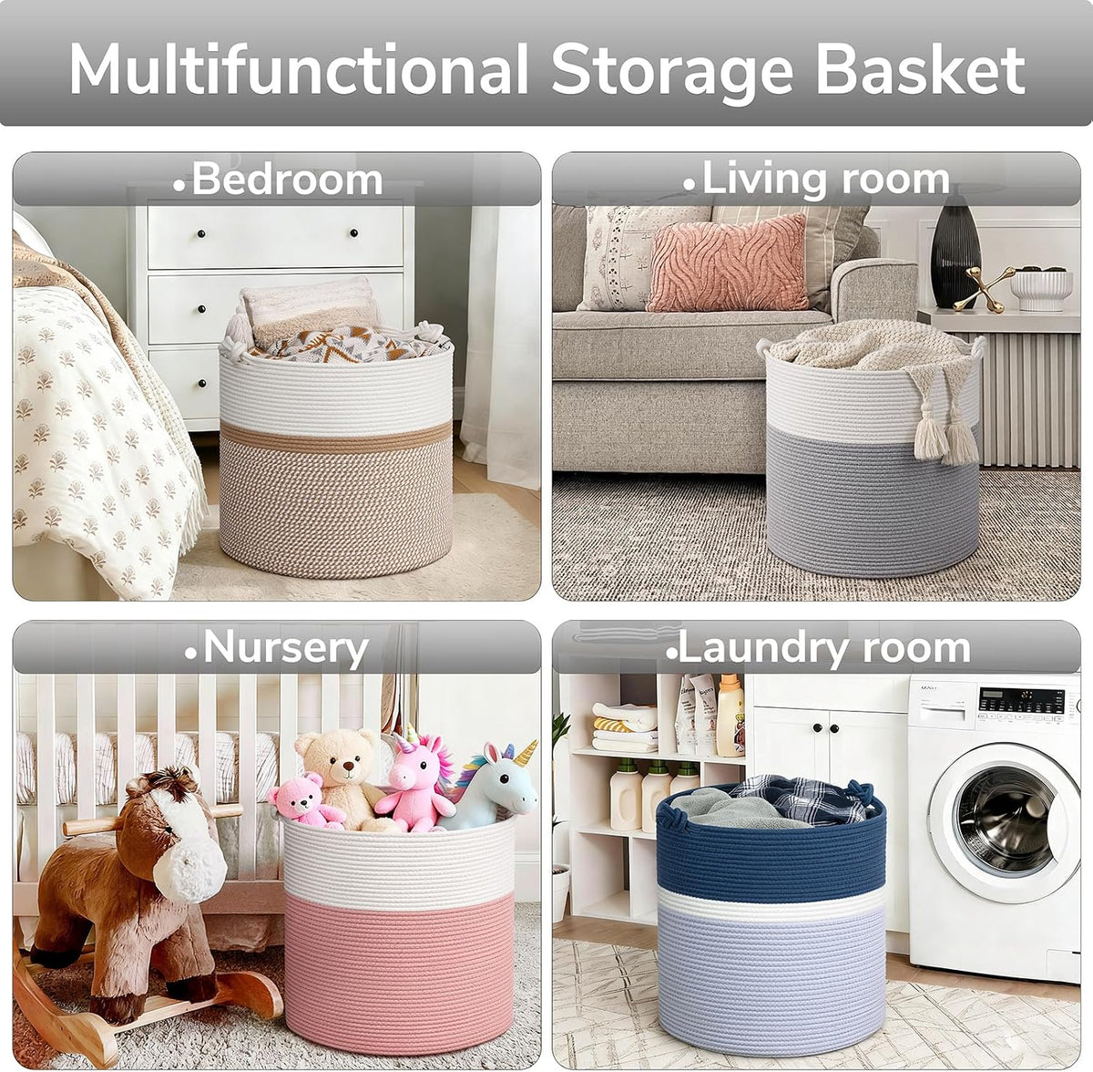 Goodpick Large Woven Rope Toy Storage Basket for Living Room, 60L, Grey