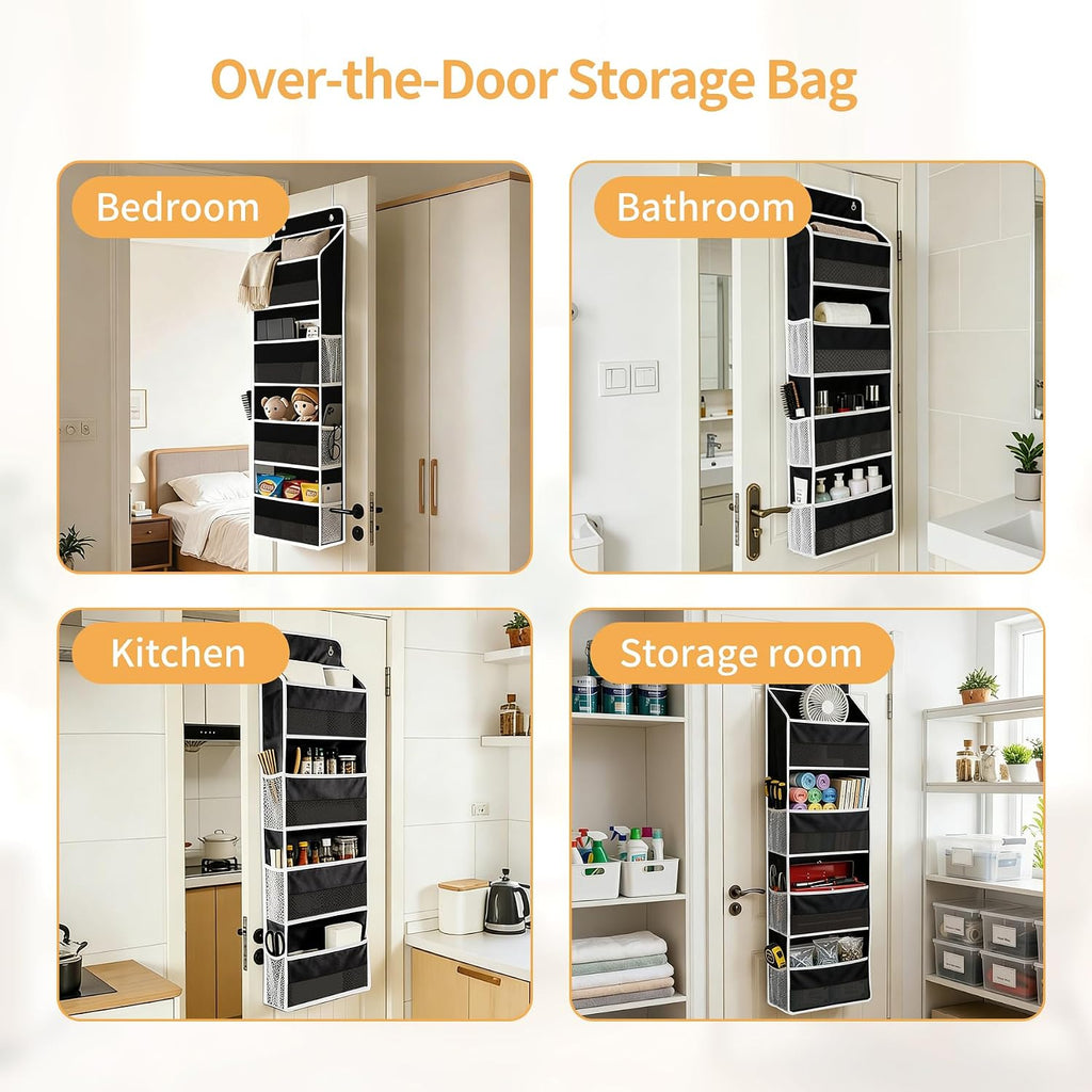 Over the Door Organizer, Door Storage Organizer with Large Capacity Pockets, Hanging Shelves for Bedroom, Closet, Dorm, Pantry (Black, 6-Tier)