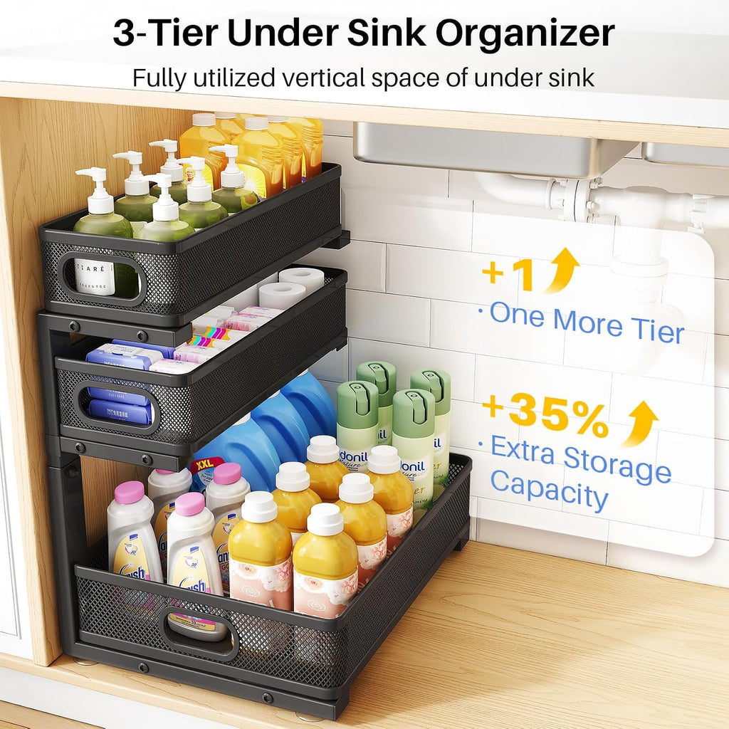 Under Sink Organizer, 3-Tier Thickened Metal Pull out Cabinet Organizer Shelf, Height Adjustable Slide out Storage Drawer Rack for Kitchen Bathroom Pantry Laundry Home Organization, 2-Pack, Black