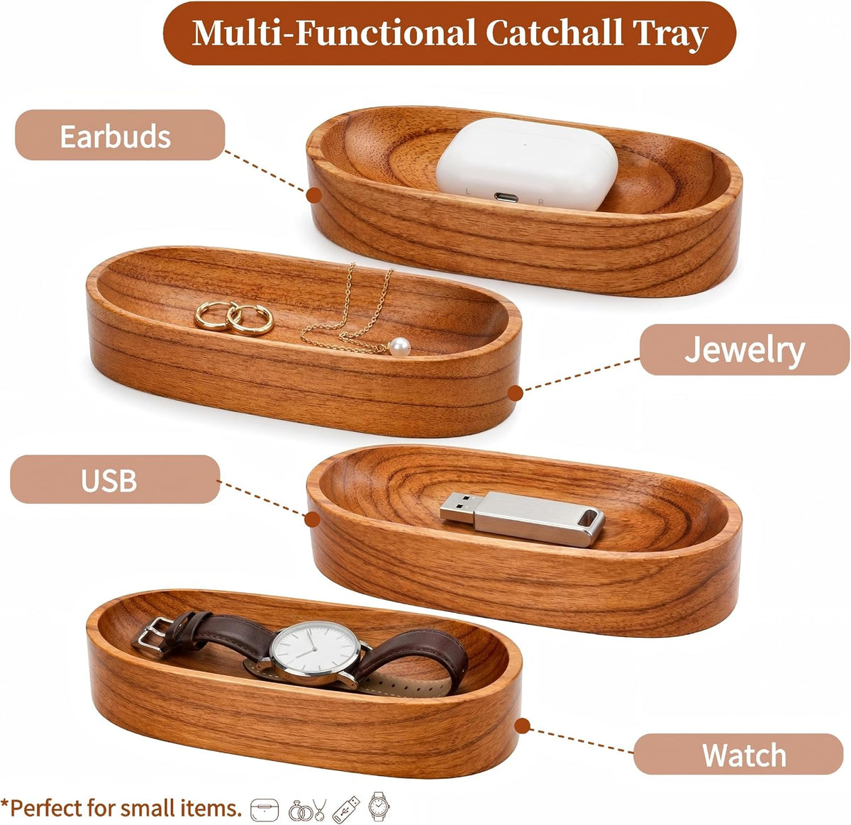 4 Pack Decorative Oval Wood Bowl, 7 Inch Long Handcrafted Wooden Boat Bowl, Small Entryway Catchall Tray Holder for Snack, Sauce, Jewelry, Ring, Key, Remote, Home Decor, Table Centerpiece