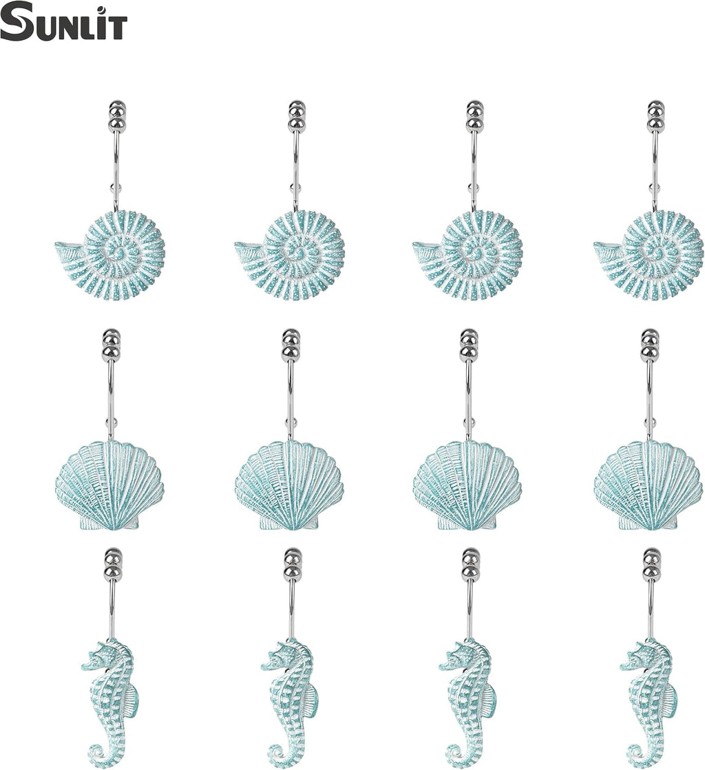 Sunlit Seashells Decorative Double Shower Curtain Hooks, Aqua Blue Ocean Creatures Coastal Shower Curtain Rings, Resin, Nautical Bathroom Decoration Beach Shower Curtain Hooks-12 Pack