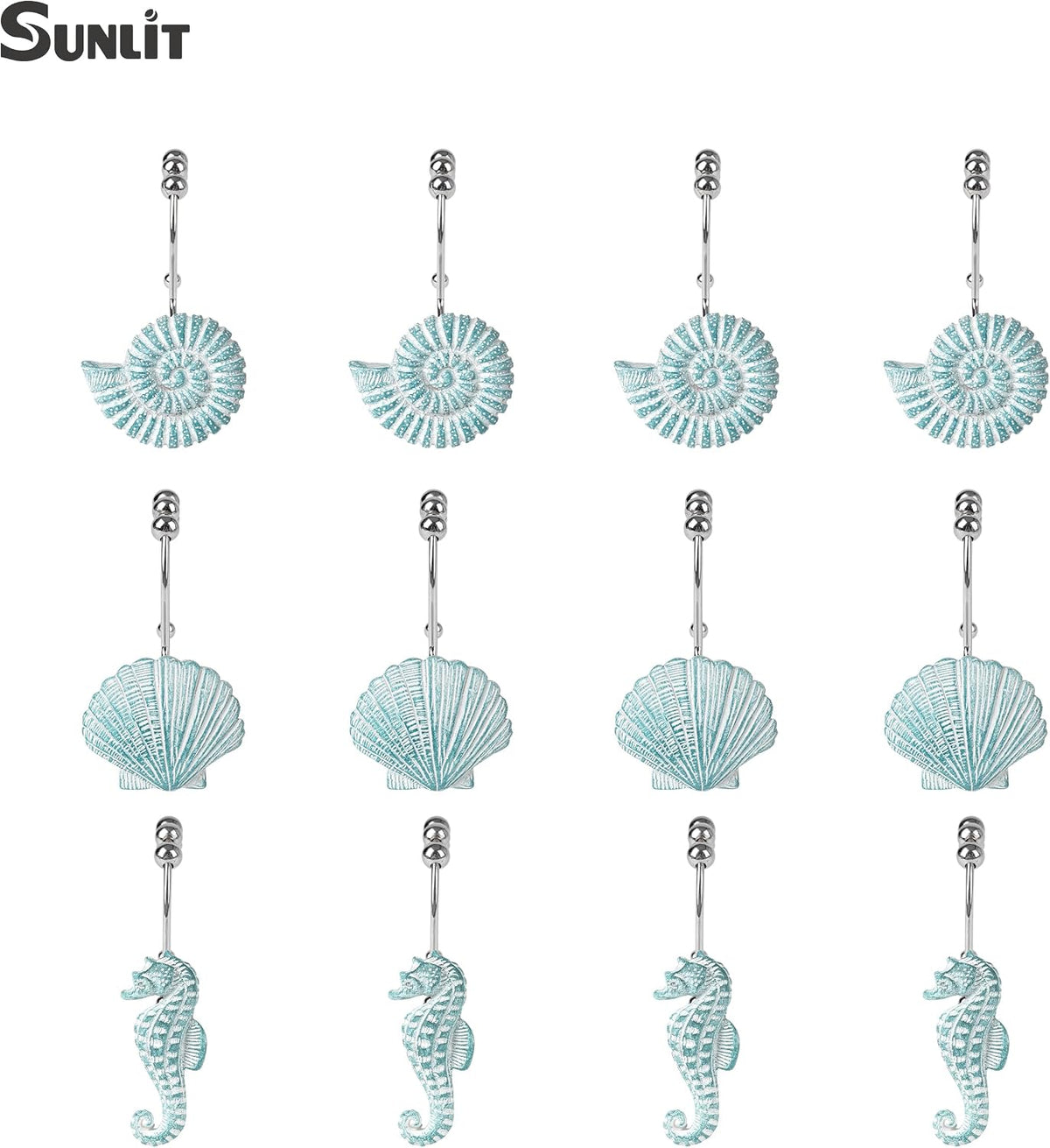 Sunlit Seashells Decorative Double Shower Curtain Hooks, Aqua Blue Ocean Creatures Coastal Shower Curtain Rings, Resin, Nautical Bathroom Decoration Beach Shower Curtain Hooks-12 Pack