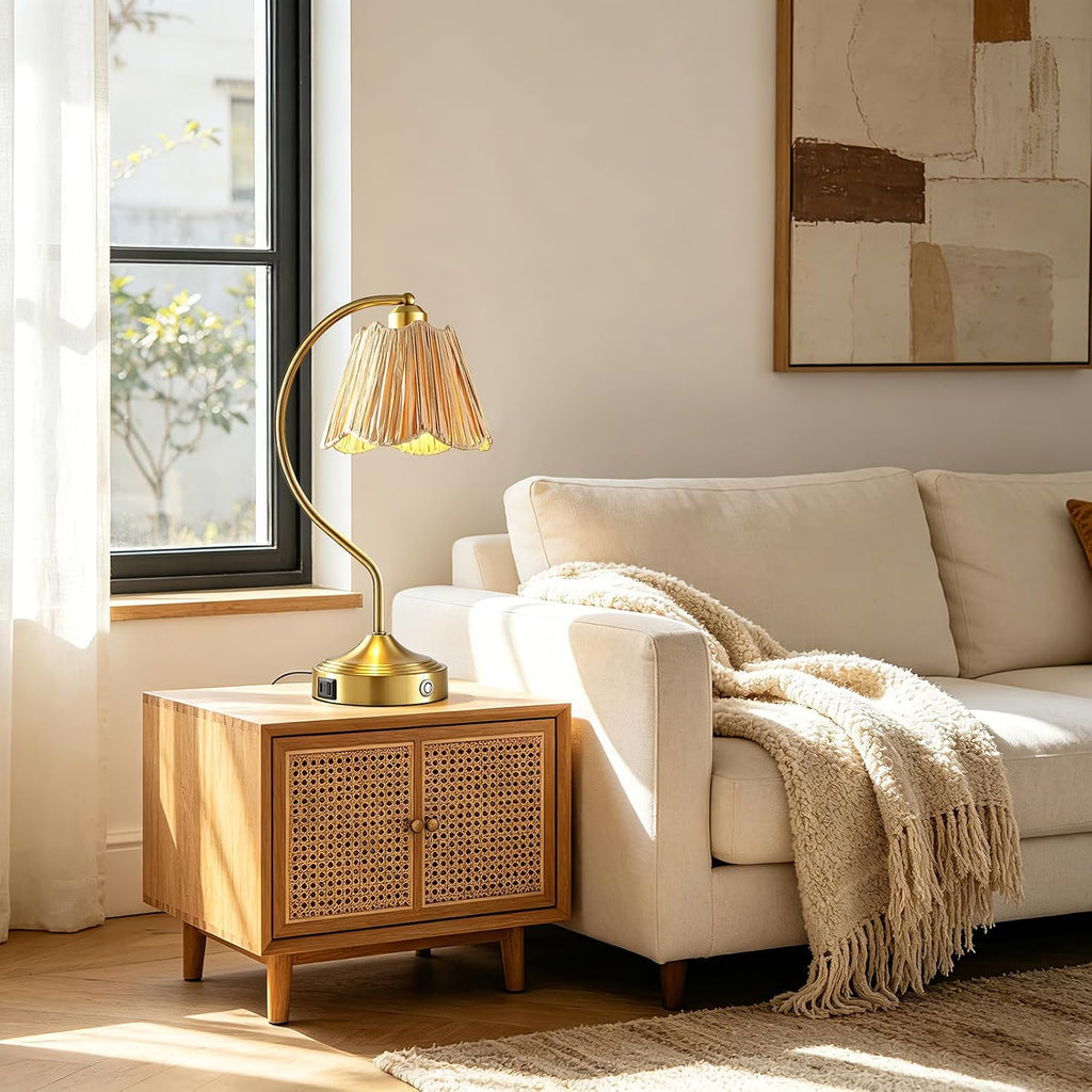 Set of 2 Boho Rattan Small Touch Table Lamps with USB C+A Ports