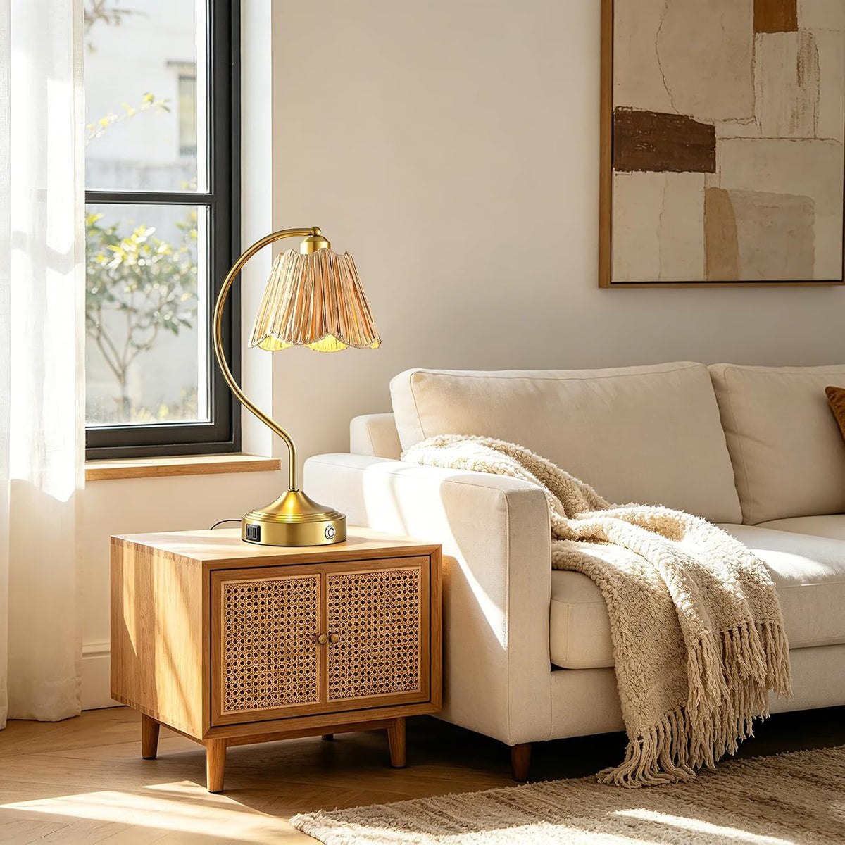 Set of 2 Boho Rattan Small Touch Table Lamps with USB C+A Ports