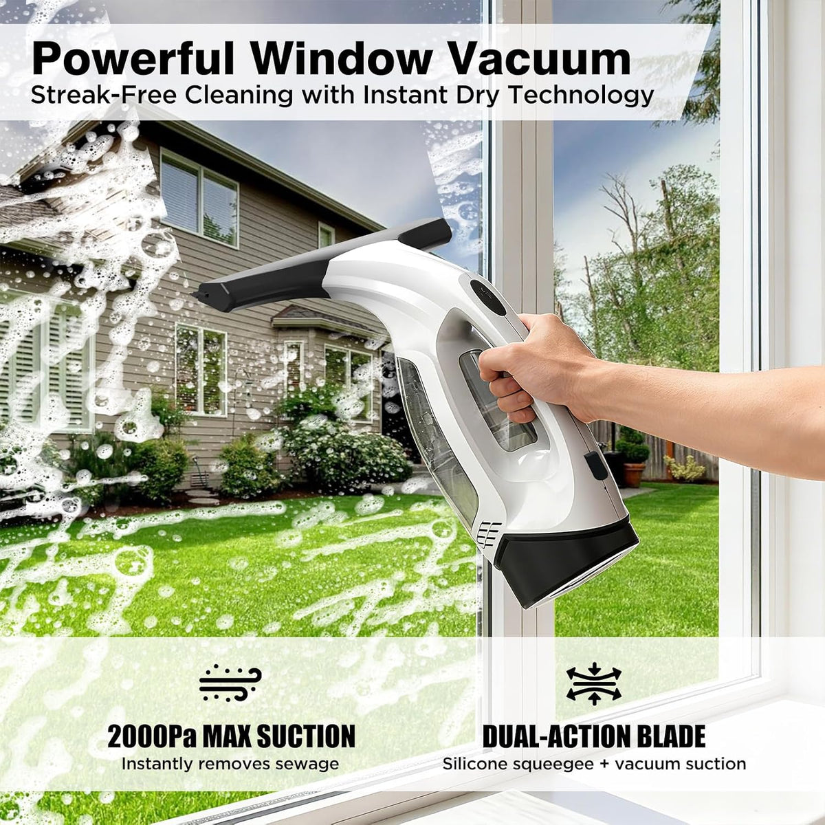 Window Vacuum Squeegee Cordless, 2000Pa Electric Window Cleaner