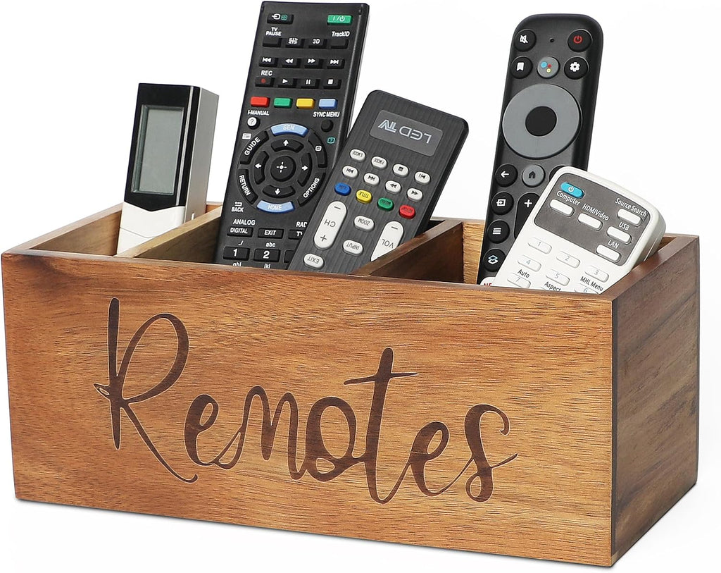 LBEMEY Acacia Wood TV Remote Holder, Caddy and Organizer for Table, Vintage Farmhouse Desk Caddy (Brown for 5+ Remote Controls)