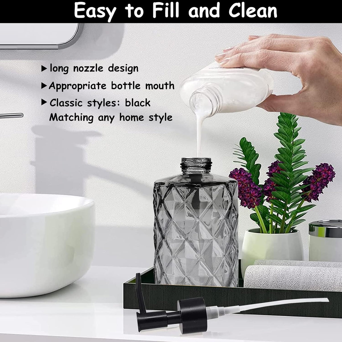 YYTSGG Glass Soap Dispenser with Black Plastic Pump, 12oz, 2 Pack