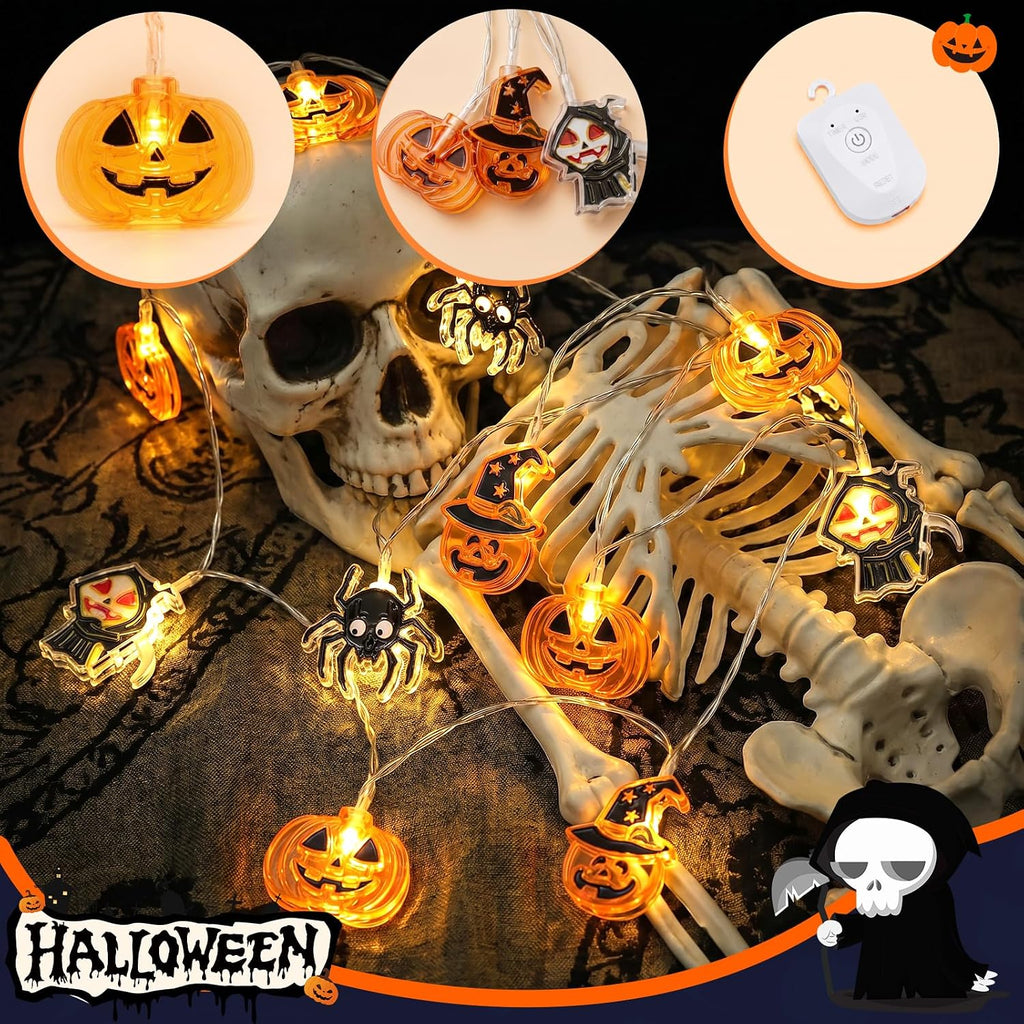 Halloween String Lights Indoor: 16.4 FT 30 LED Battery Operated Pumpkin Skeleton Spiders Lighted Decorations – 8 Modes Waterproof Timer for Window Porch House Room Bedroom Party Decor