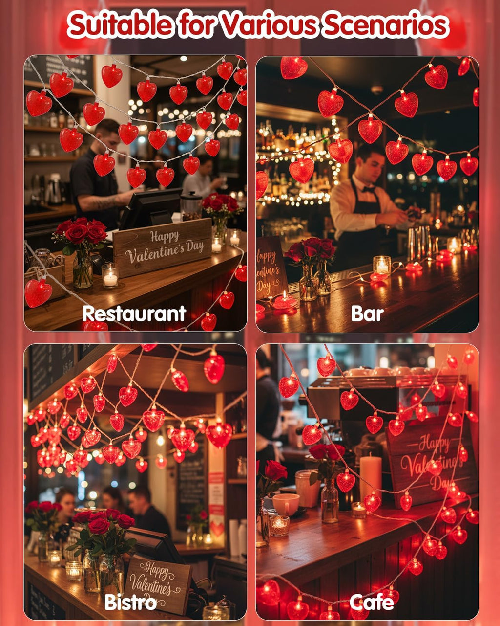 SUNSGNE Red Heart String Lights Valentines Lights, 8.5FT Plug in Fairy String Lights with 10 LED Red Heart Bulbs for Indoor Outdoor Home Room Party Wedding Valentine's Decor, White Wire