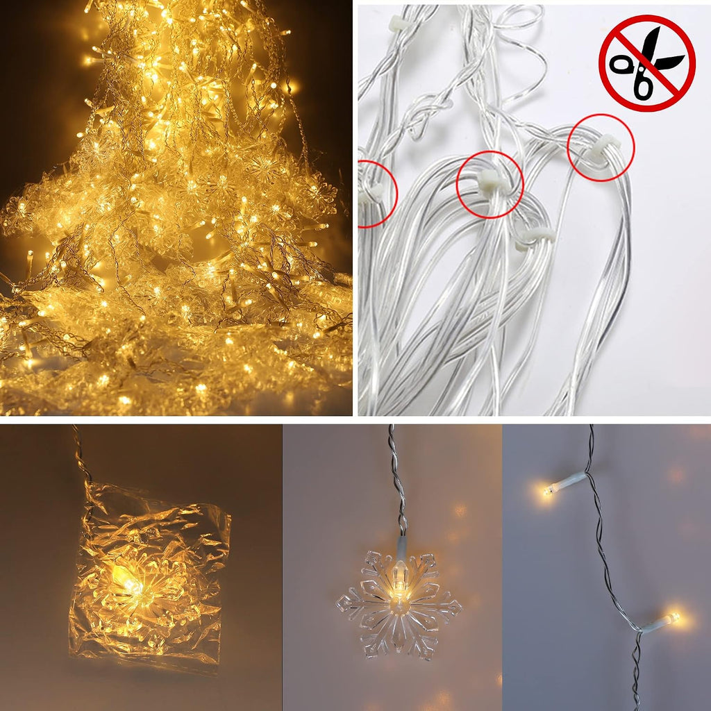 weillsnow Christmas Decorations, 360 LED Icicle Lights with Snowflake, 29.5 FT 72 Drops Icicle Light with 8 Modes，Connectable Warm White String Lights for Outdoor Eaves, Railing, Xmas Decor