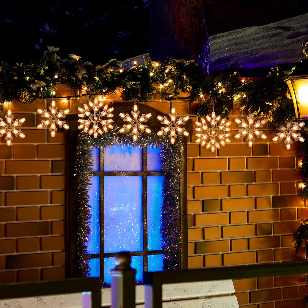 Christmas Snowflake Icicle String Lights with 6 Drops - 9ft Snowflake Window Lights with 100 Mini Bulbs, Plug-in Connectable Curtain Hanging Lights for Christmas Home Indoor Outdoor Holiday Decor