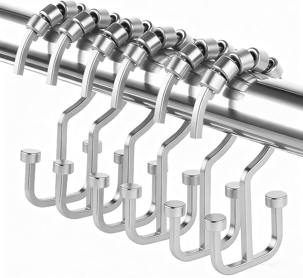 BBV Shower Curtain Hooks Rings, 12 Pcs Rust Resistant Metal Double Glide Shower Hooks for Bathroom Shower Rods Curtains (Chrome)