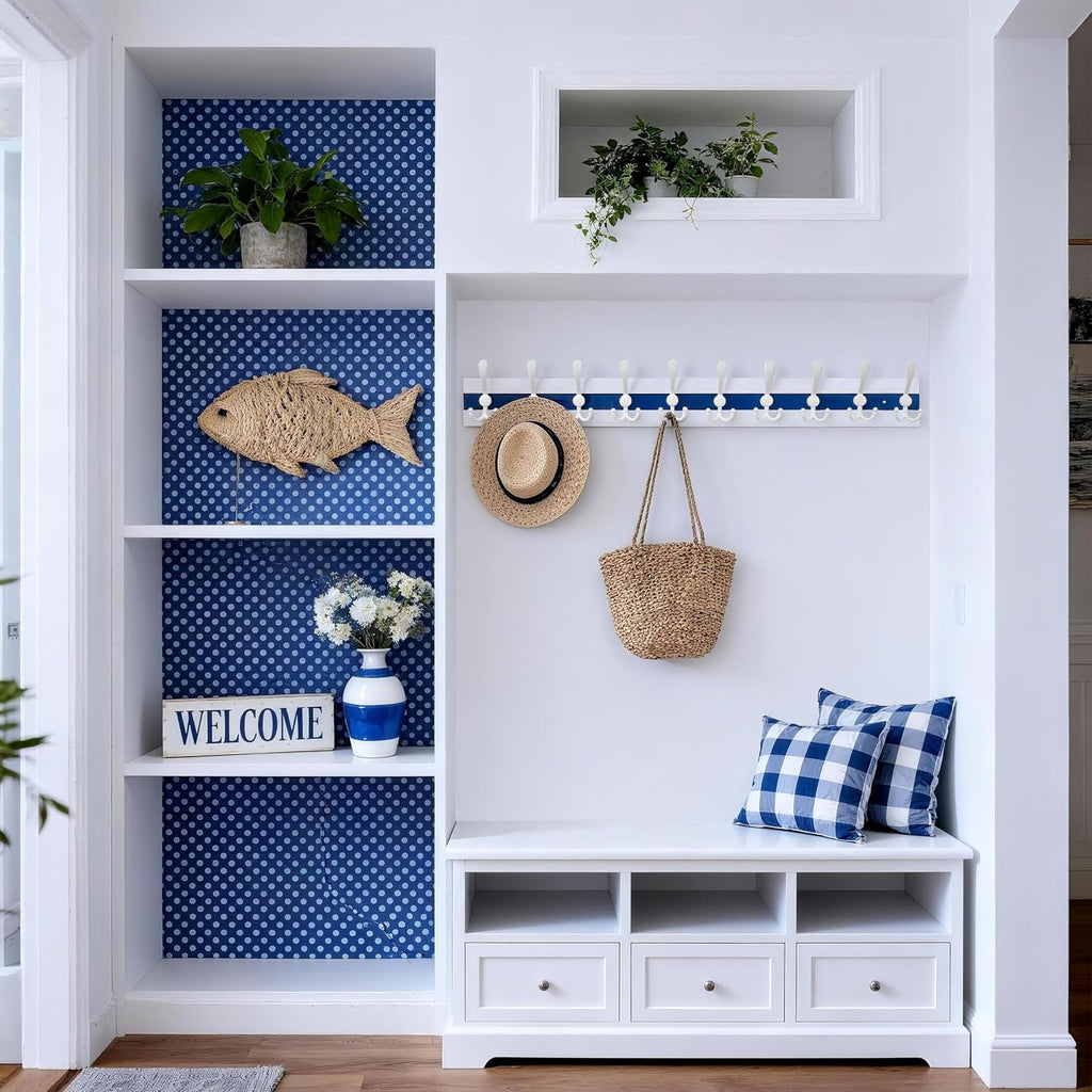SKOLOO Coastal Wall Mounted Coat Rack - 38-1/8" Beach House Entryway Wooden Coat Hook with 10 Hooks for Hanging Coats, Hats or Towels, Oceanfront Cottage Core Collection, White & Blue