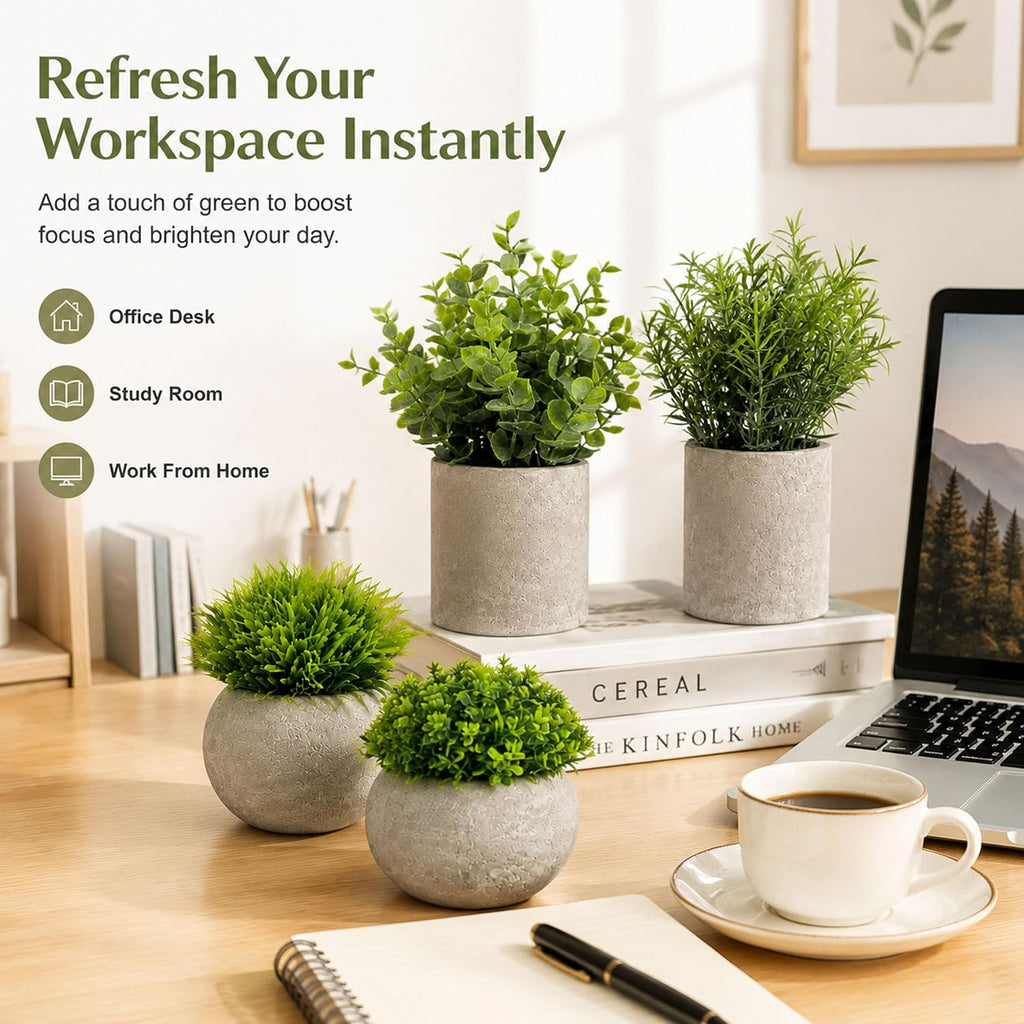 Set of 4 Small Artificial Plants in Pots, Faux Greenery Cement Desk