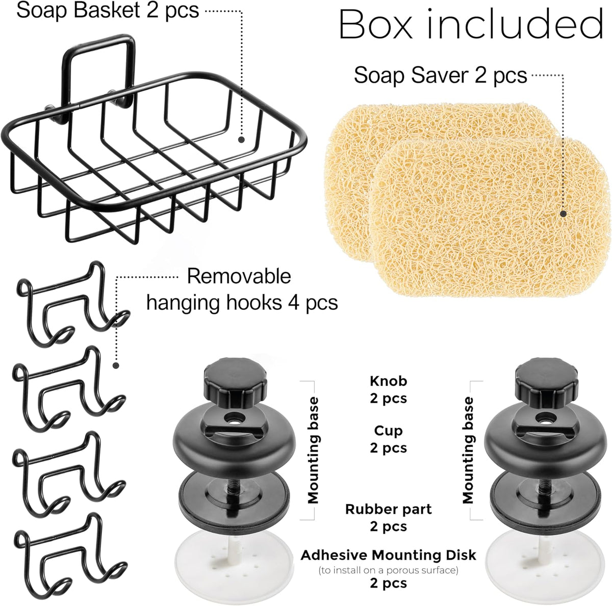 HASKO 2 Pack Suction Cup Soap Dish for Shower Wall, Rustproof Stainless Steel, Shower Soap Holder with Hooks, Includes Optional No Drill Adhesive Mount for Bathroom, 2 Soap Savers, Black
