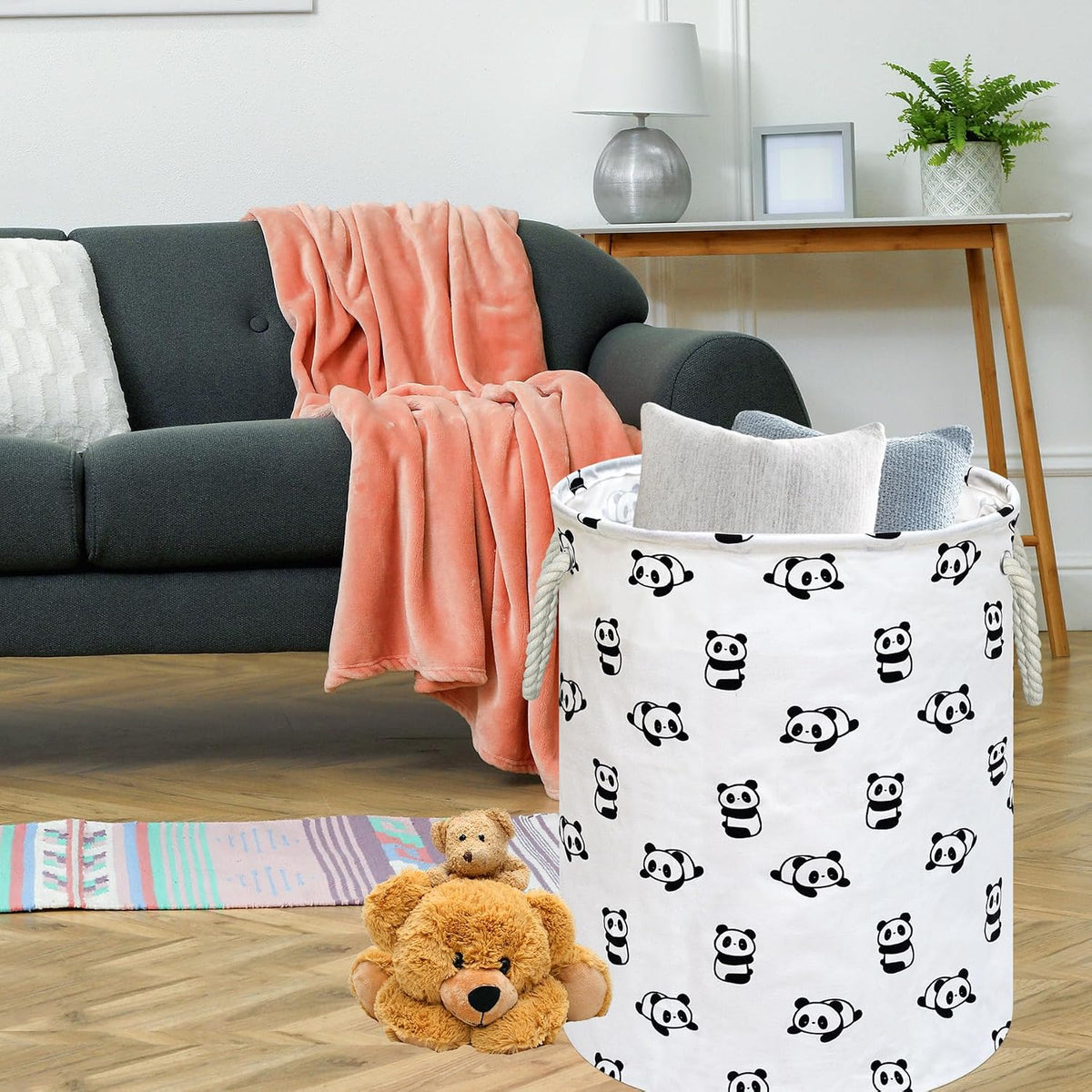 Cute Panda Round Laundry Basket, Foldable Cotton Linen Storage Hamper with Handles, Large Storage Bin for Clothes, Toys, Bedroom, Dorm, Home Decor and Gift Basket