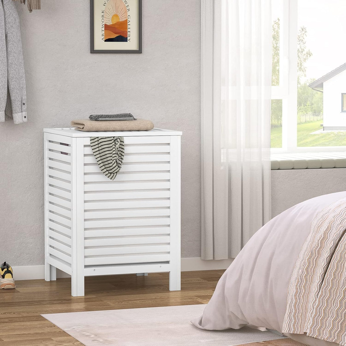 Homykic 120L Bamboo Laundry Hamper with Lid and Removable Liner Bag, White