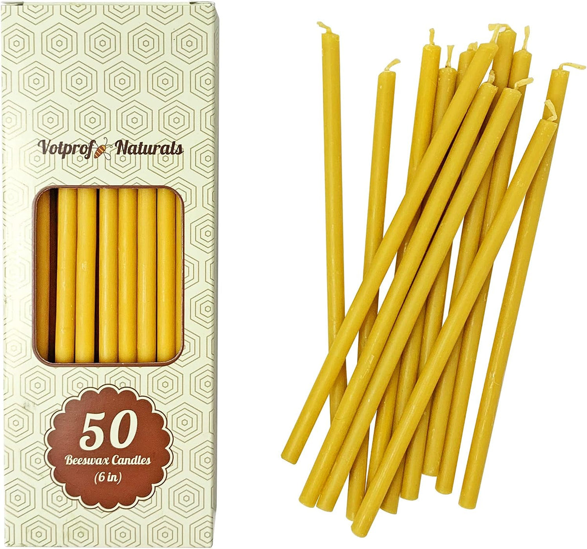 50 Natural 100% Pure Raw Beeswax Taper Candles (6") Honey Scent Birthday Cake, Dripless, Smokeless, Nontoxic, Cotton Wick