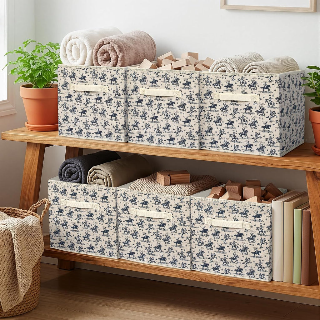 6 Pcs western Cow Cube Storage Bins 12.5 inch with Handle（Navy western）