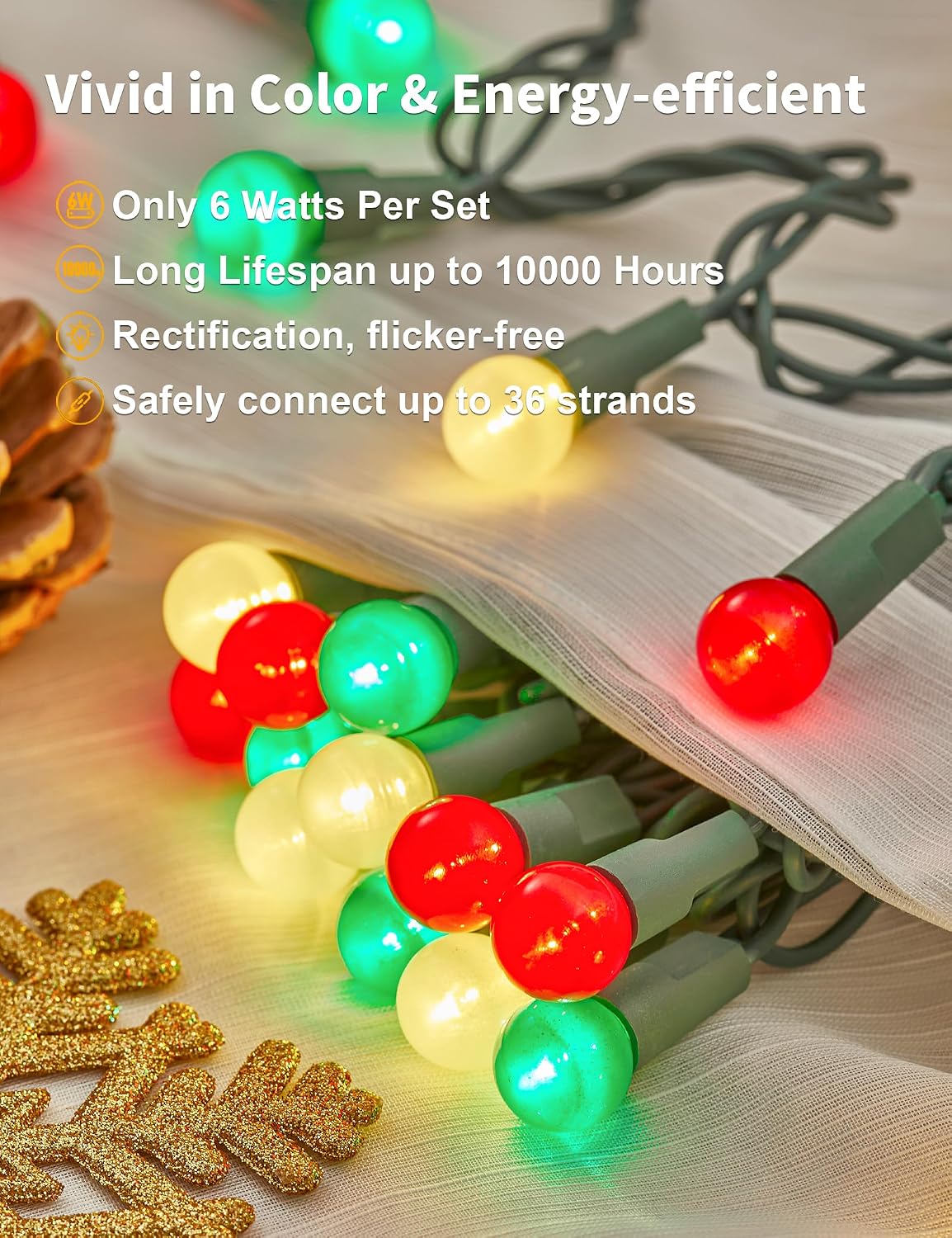 BOHON Red White and Green Christmas Lights Outdoor 24FT 70 LED G15