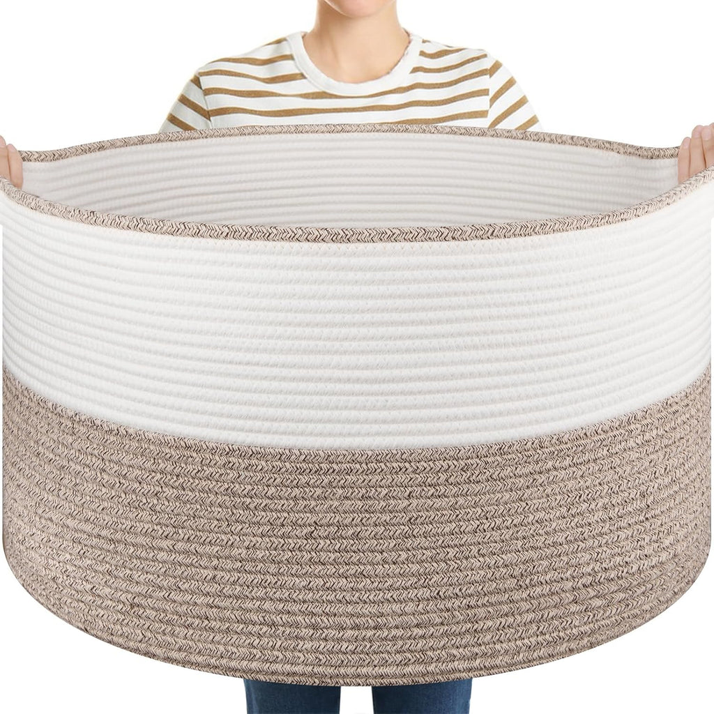 OIASKET Large Blanket Basket with Handles, 22.8" x 22.8" x 13" Woven Storage Basket for Living Room, Cotton Rope Baby Toy Storage for Clothes, Pillows, Towels-Brown & White