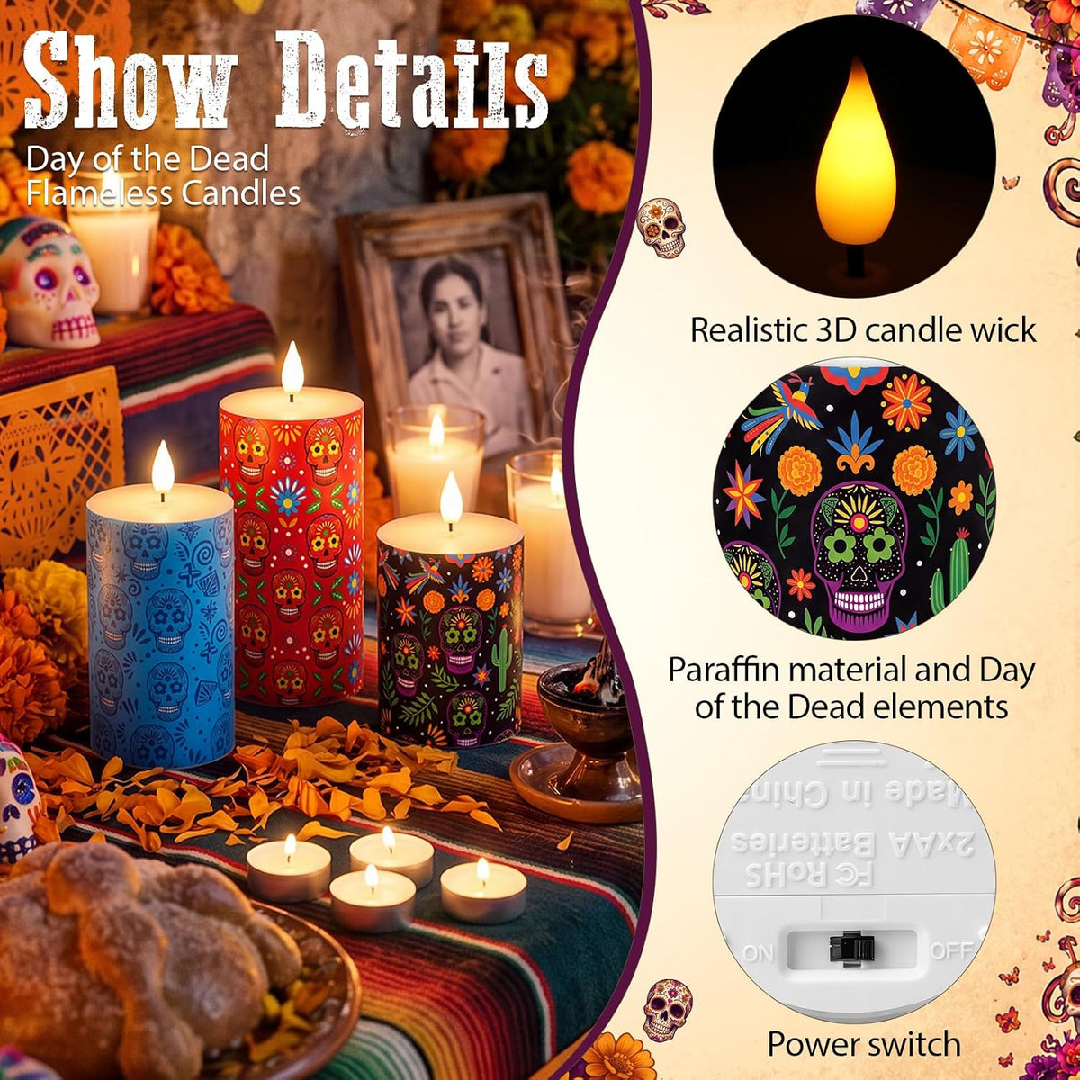 3 Pcs 4/6/10" Flameless LED Candles with Remote, Battery Operated, Skull