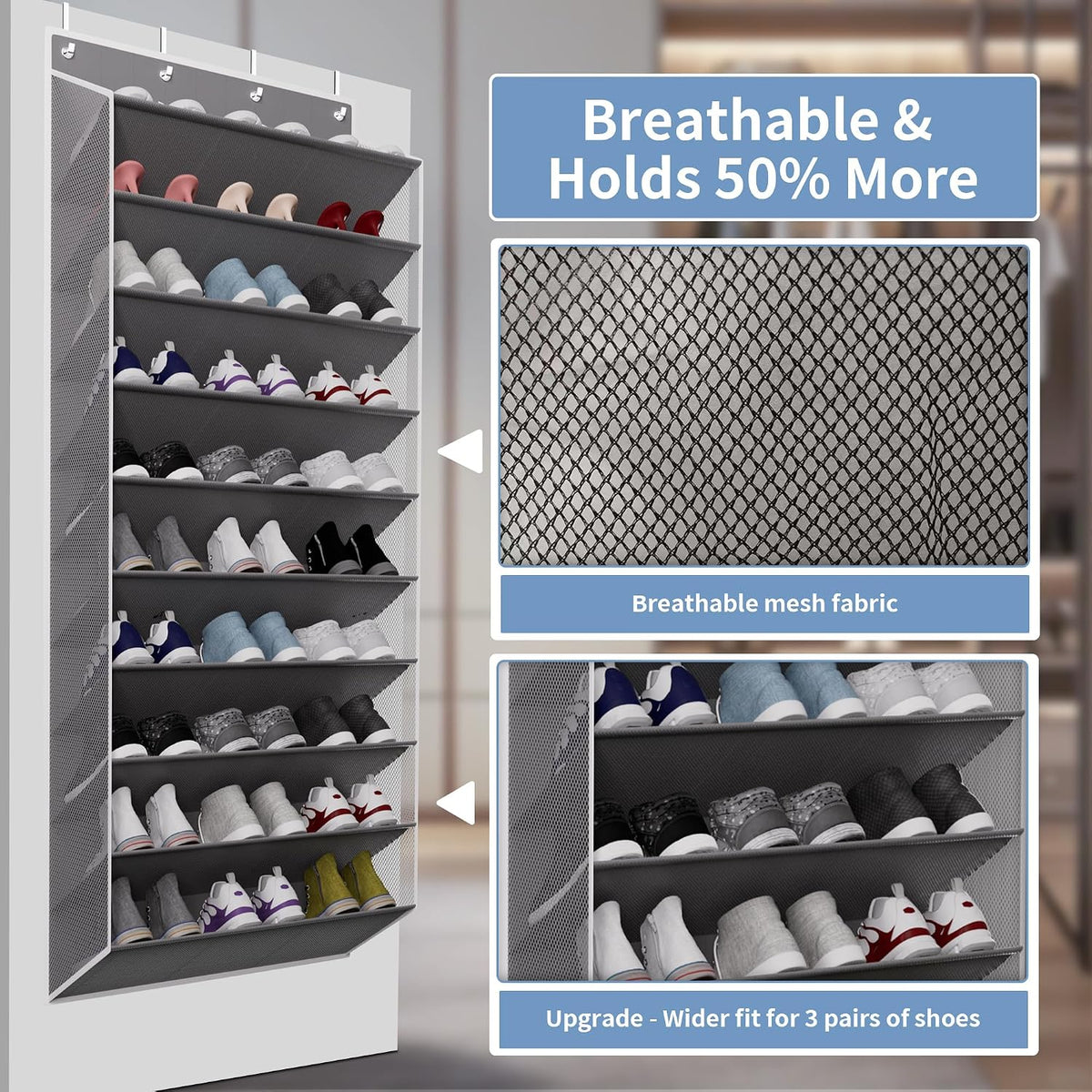 TAHAVICE 30 Pair Over the Door Shoe Organizer, Hanging Closet Shoe Storage