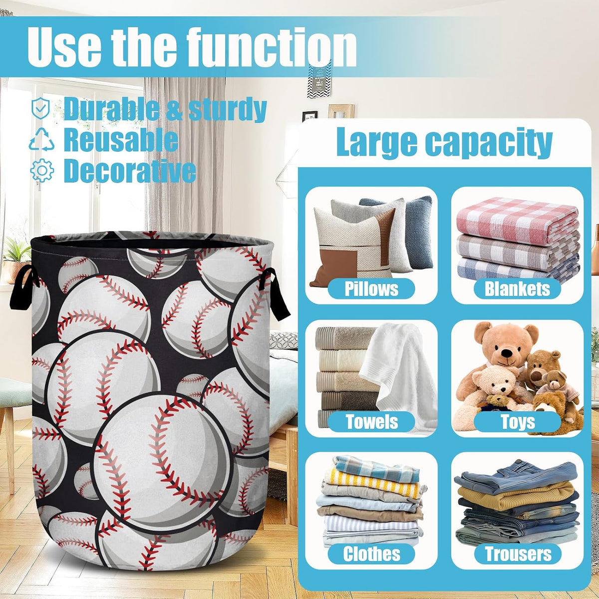 Baseball Softball Laundry Basket, Ball Laundry Hamper Collapsible Oxford Cloth with Handle Clothes Storage Bin for Bathroom Laundry Room Bedroom 15.7 X 20 Inch