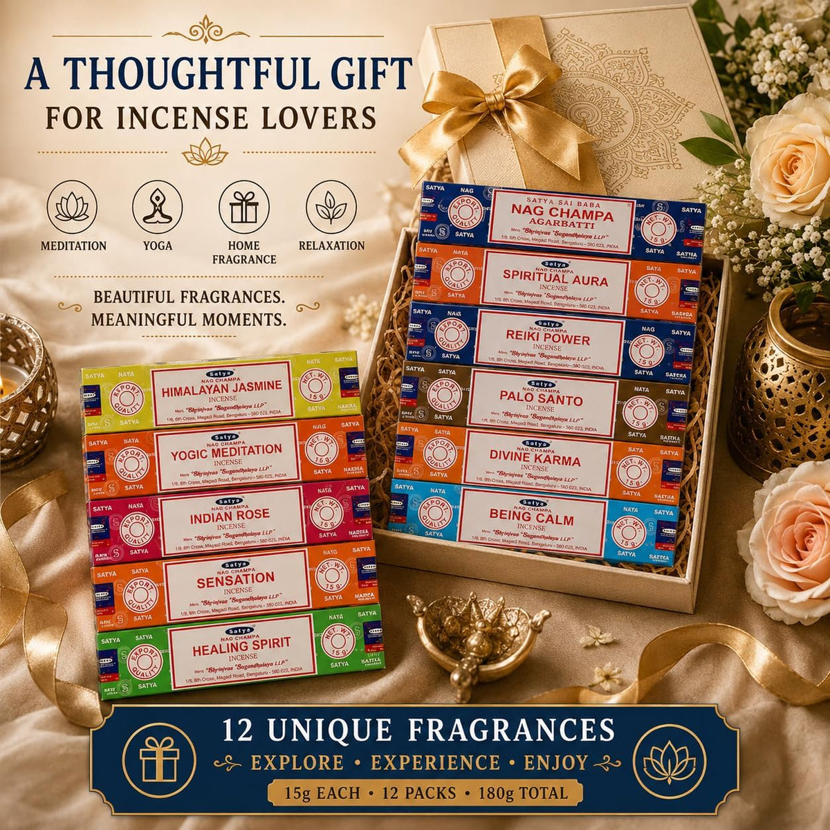 Satya Incense Sticks Set of 12 - Nag Champa, Palo Santo, Rose, Jasmine