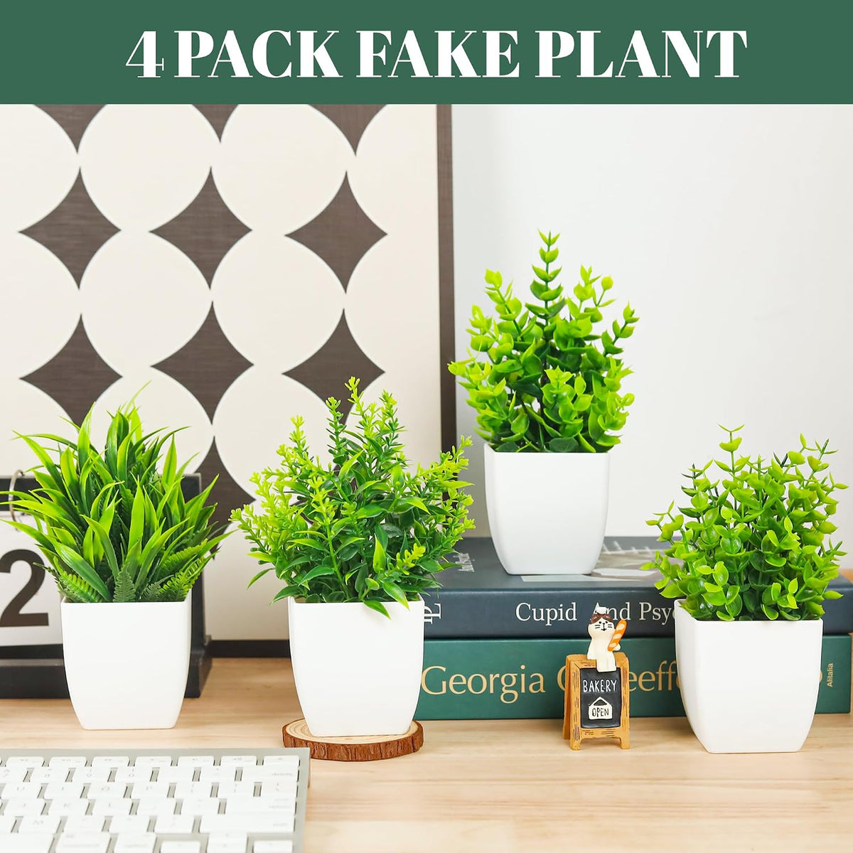 Der Rose 4 Pack Fake Plants Mini Faux Plants Indoor for Room Shelf Decor