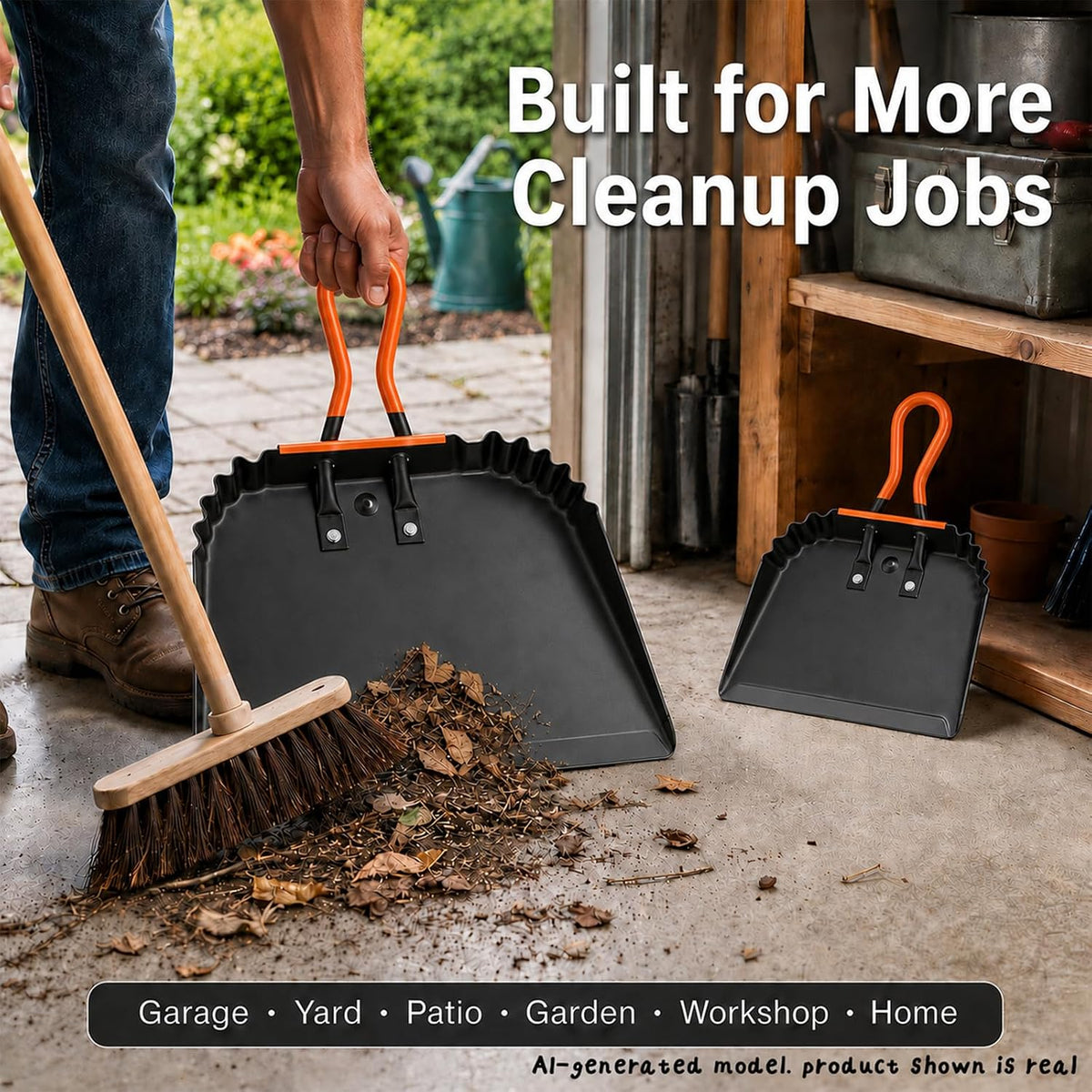 17” and 12” Heavy-Duty Metal Dustpans and Brush Set with Rubber Lip Edge