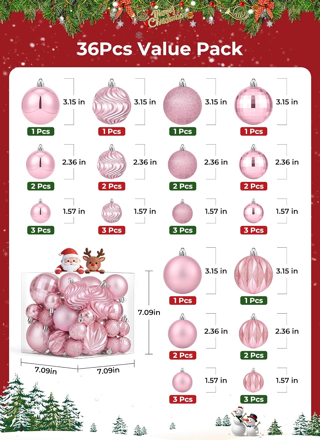 Brightown 36‑Pack Pink Shatterproof Christmas Tree Ball Ornaments Set