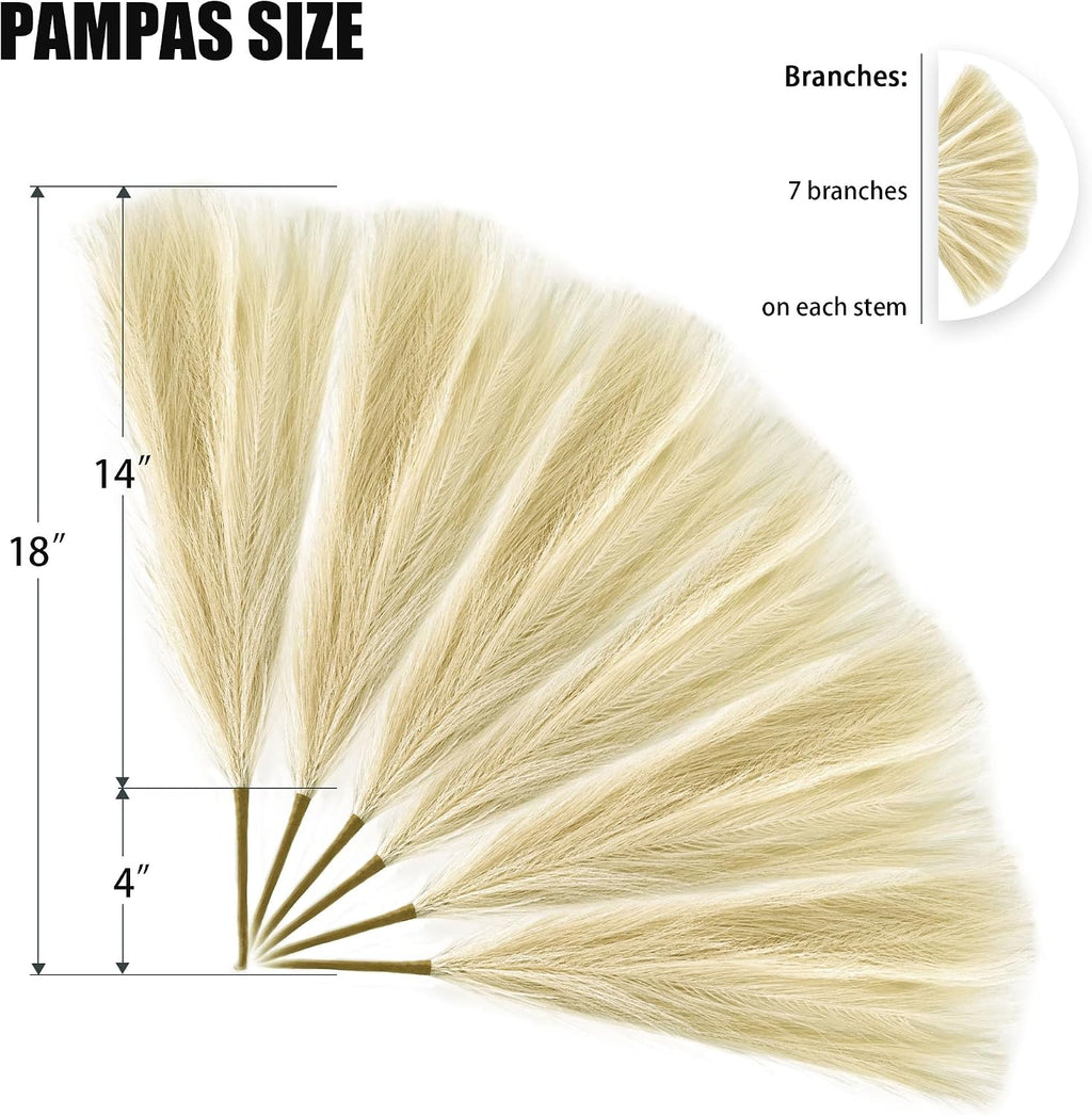 6 PCS Faux Pampas Grass Arrangement - 18"/45cm Artificial Fluffy Pompous Grass Stems for Boho Chic Home and Wedding Decor (Beige)