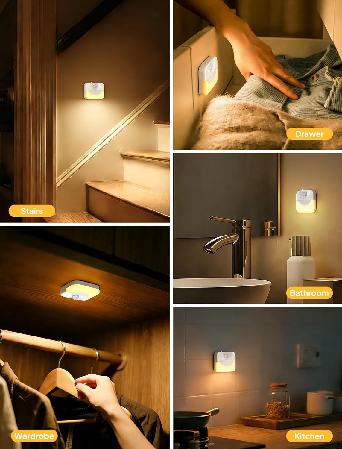 2 Pack Rechargeable Stair Light Indoor,Warm White Motion Sensor Night Light