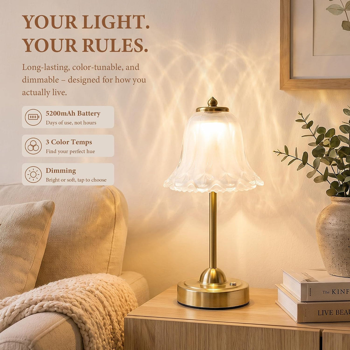 Cordless Table Lamp, Rechargeable Battery Operated Touch Lamp,Frosted White